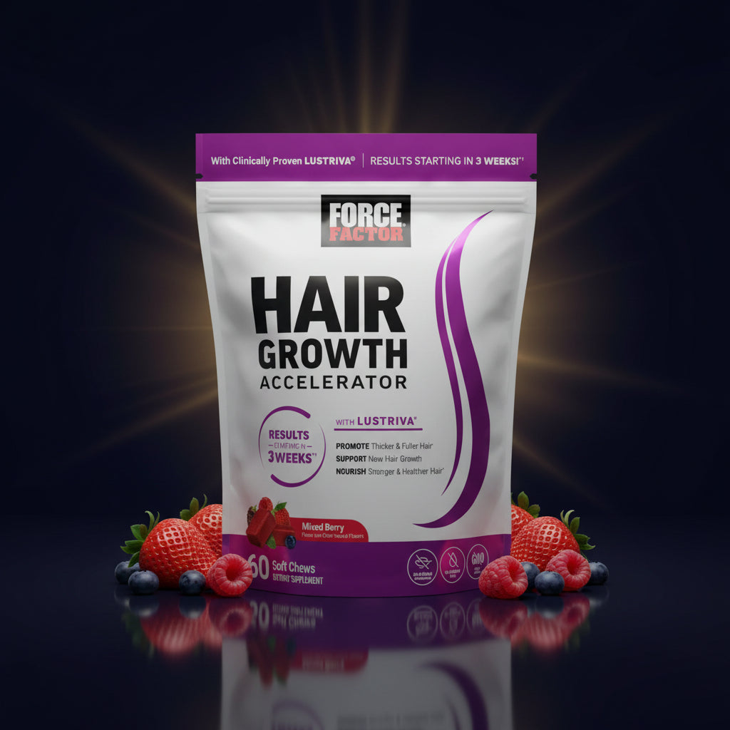 Force Factor hair growth accelerator chews for thicker stronger faster-growing hair