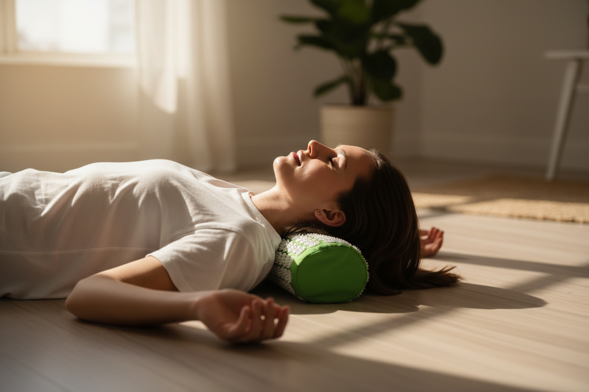 Close-up of acupressure points on the acupuncture massage mat