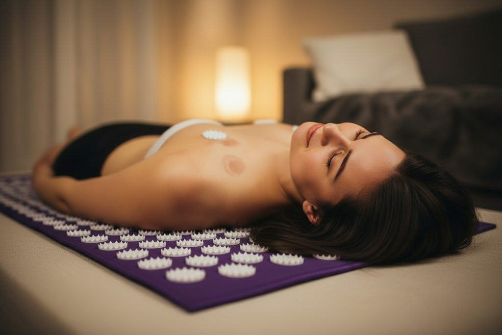 Person lying on the acupuncture massage mat for back relief