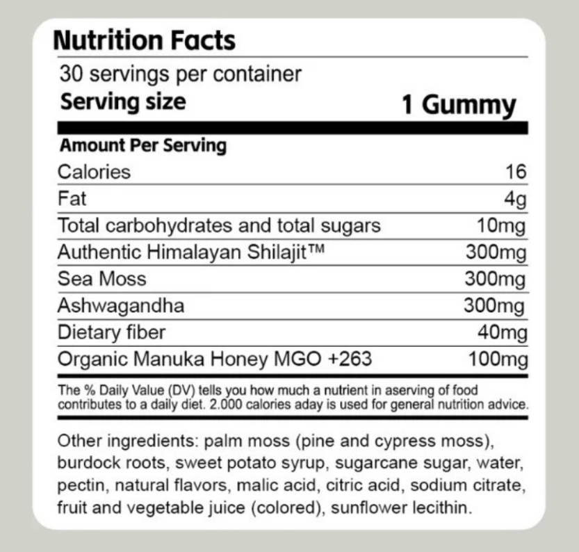 Shilajit 3-in-1 gummies product packaging and serving size details