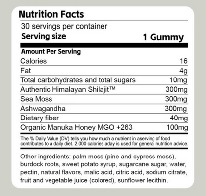 Shilajit 3-in-1 gummies product packaging and serving size details