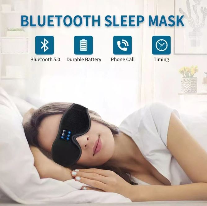Sleep mask with speakers showing light-blocking 3D contoured shell design