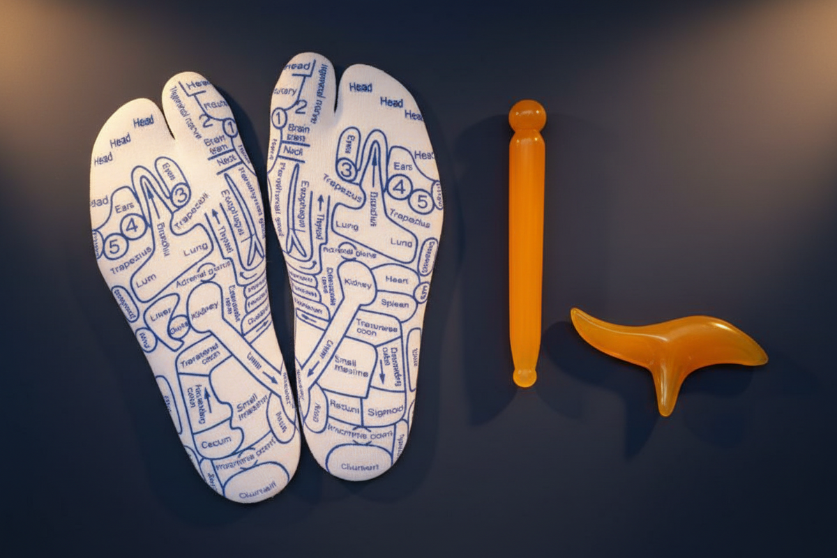 Reflexology socks with pressure point map and included massage tool
