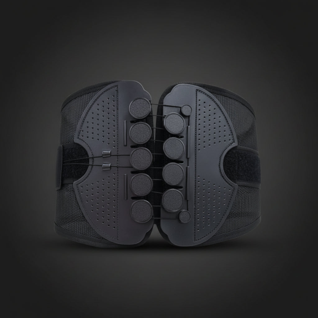 Lumbar support belt breathable fabric and adjustable sizing for all-day comfort