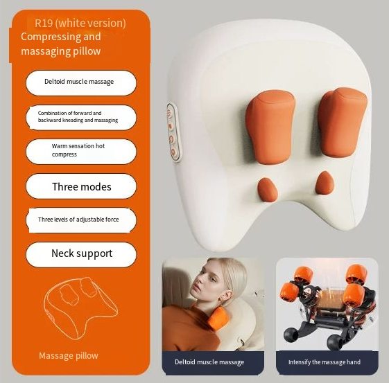 Massage pillow being used on back and shoulders while seated at desk