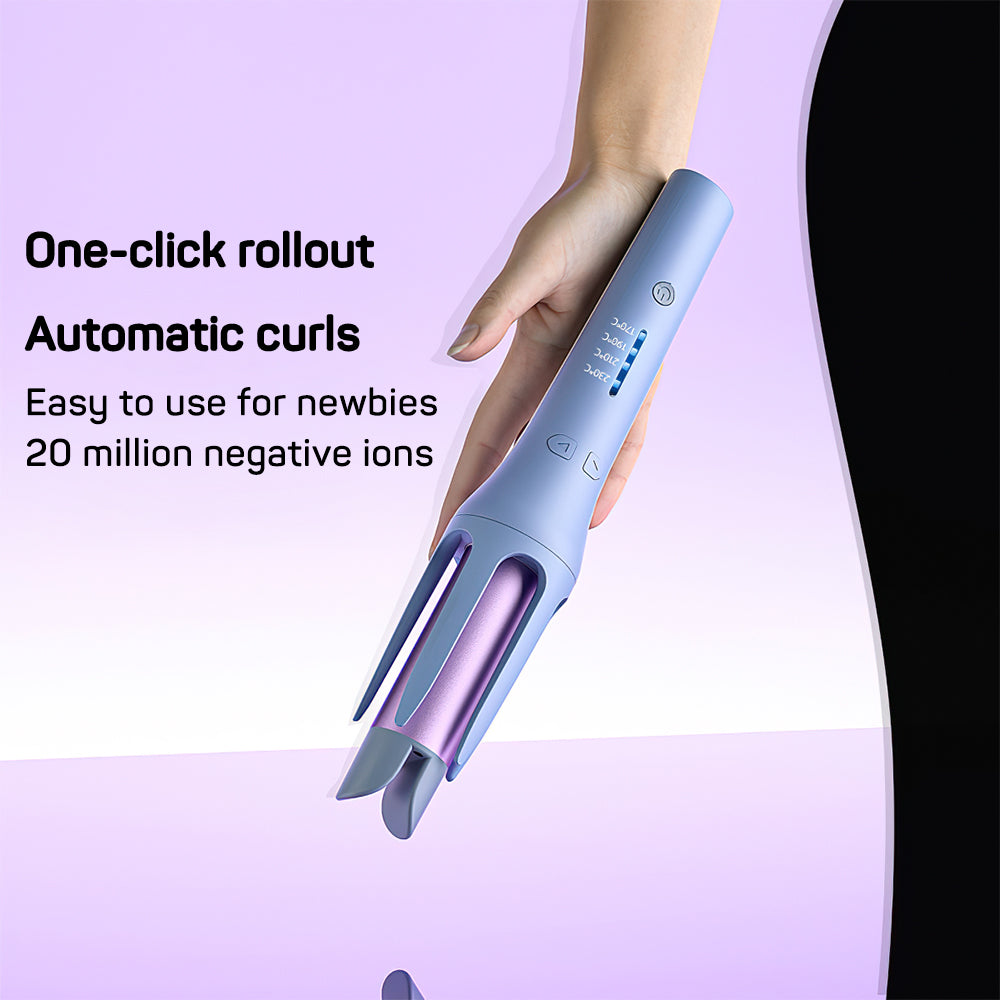 Automatic hair curler before and after curling results on straight hair