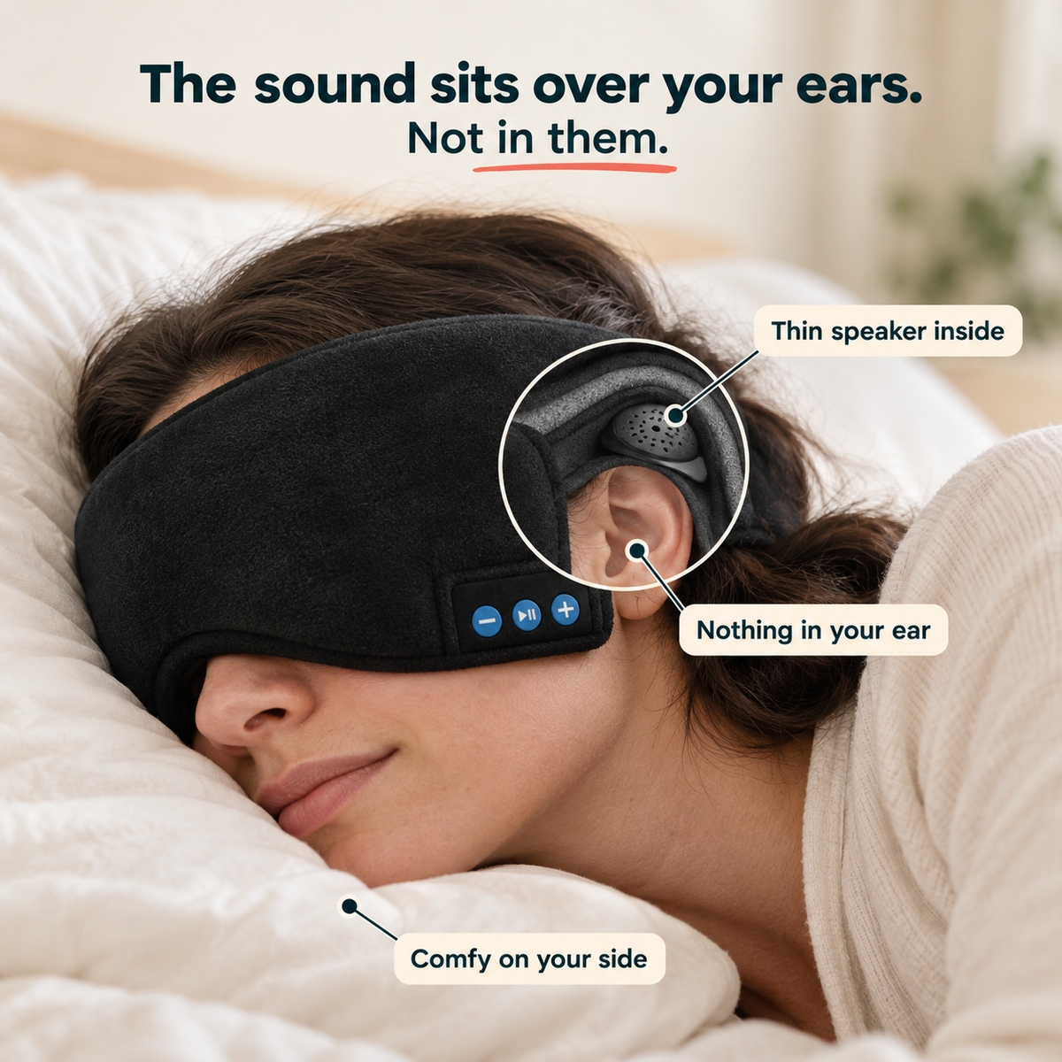 Woman sleeping on her side in the DreamShade mask, cutaway showing the thin speaker over her ear