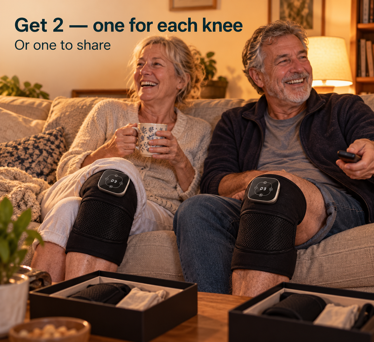 Couple on a sofa each wearing a WarmStep knee wrap