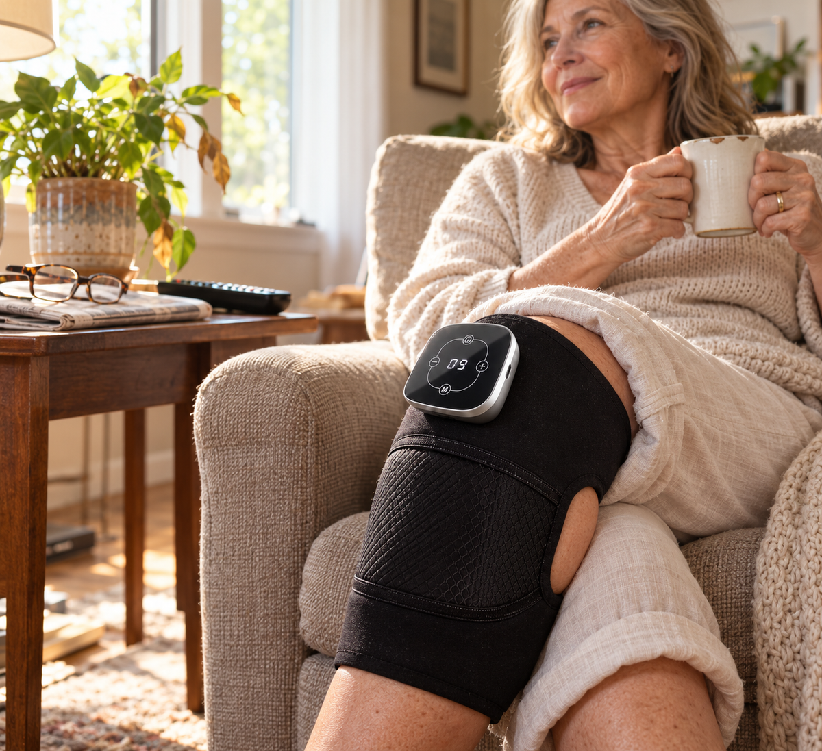 Woman relaxing in an armchair with coffee while wearing WarmStep on her knee