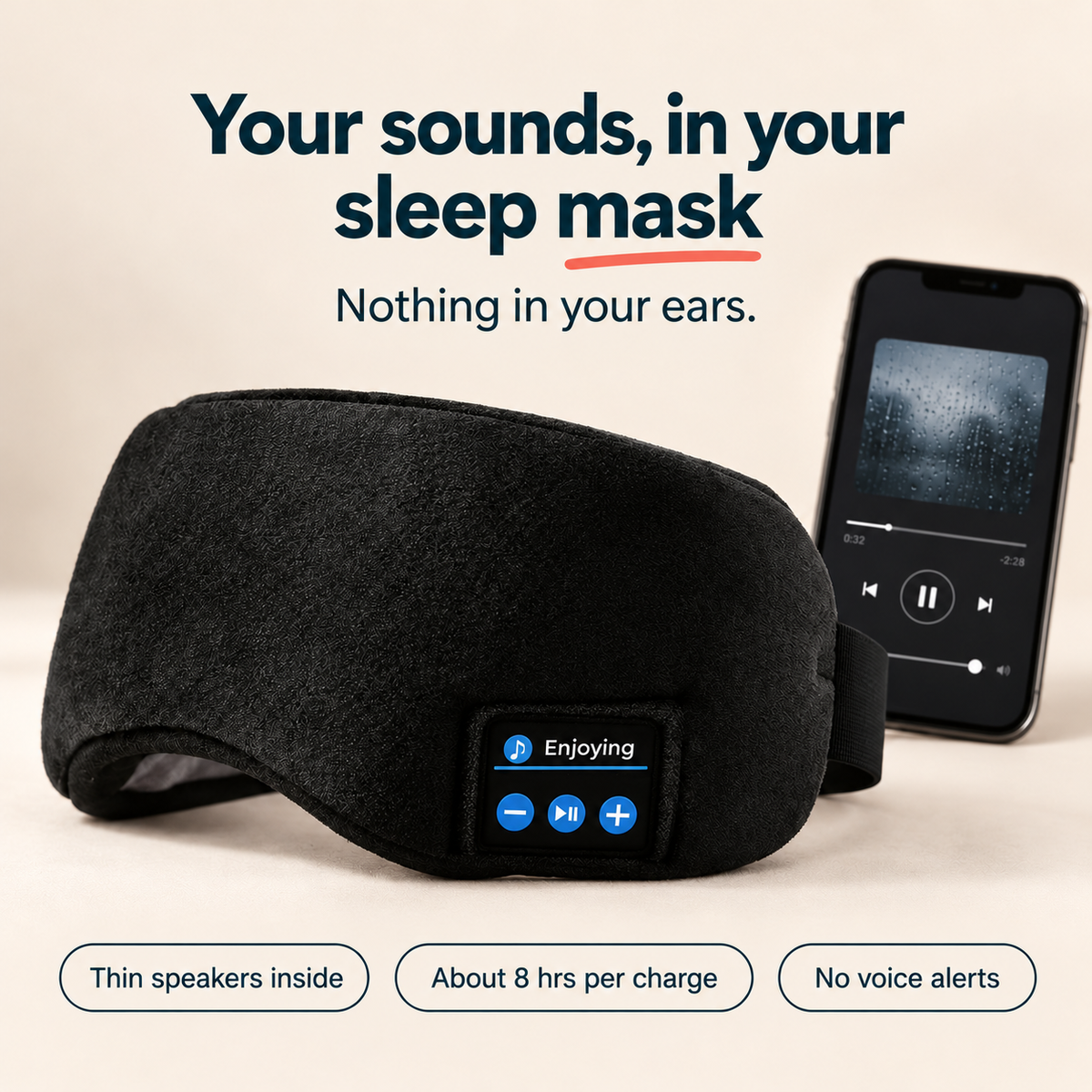 DreamShade Bluetooth sleep mask in black with side buttons, next to a phone playing rain sounds