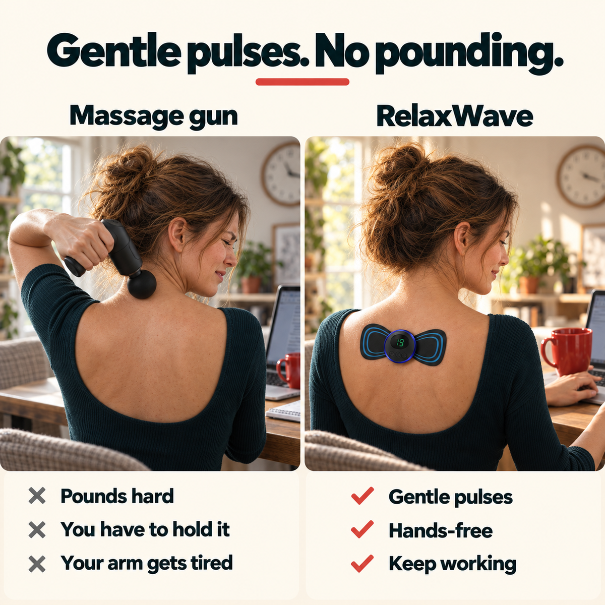 RelaxWave gentle pulses compared with a pounding massage gun