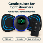 RelaxWave EMS massager on its butterfly gel pad, screen showing level 19