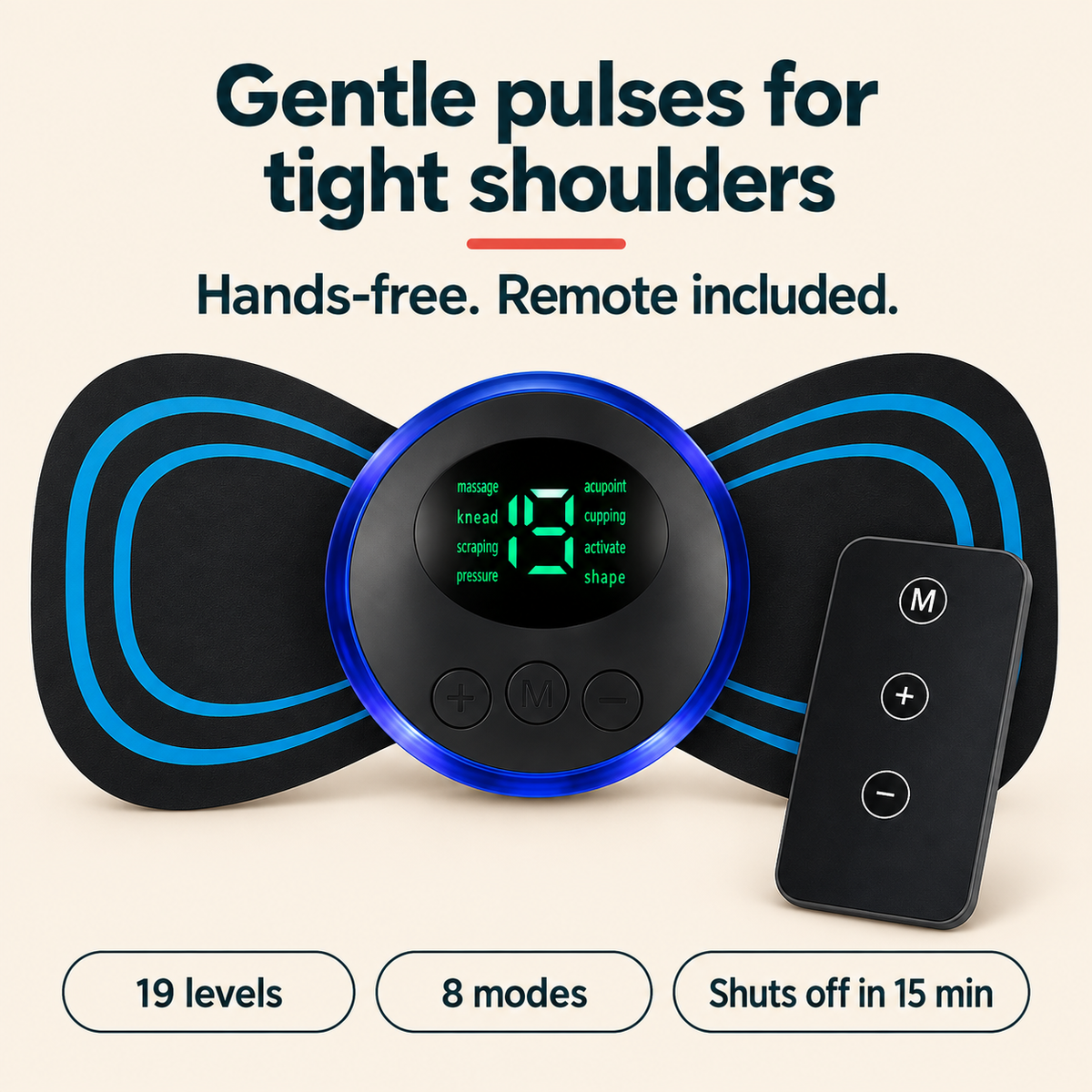 RelaxWave EMS massager on its butterfly gel pad, screen showing level 19