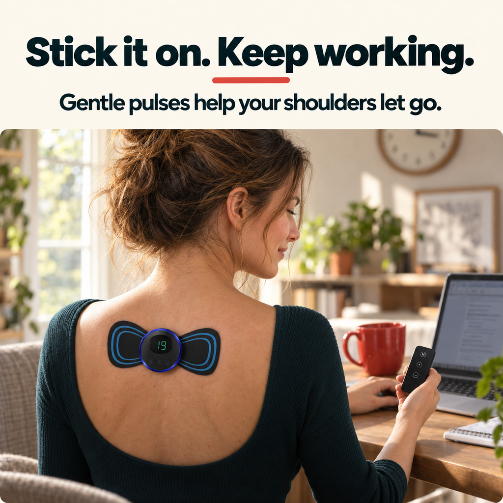 Woman working at her laptop with RelaxWave on her upper back