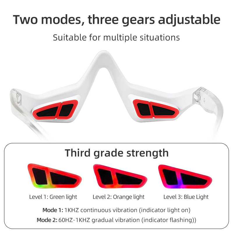Wireless eye massager being worn for tension headache and eye strain relief