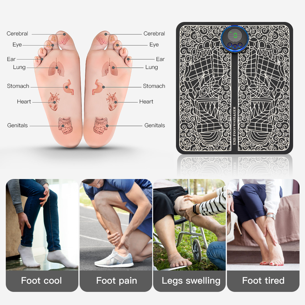 Person using foot massage pad for circulation improvement and fatigue relief