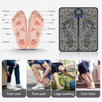 Person using foot massage pad for circulation improvement and fatigue relief