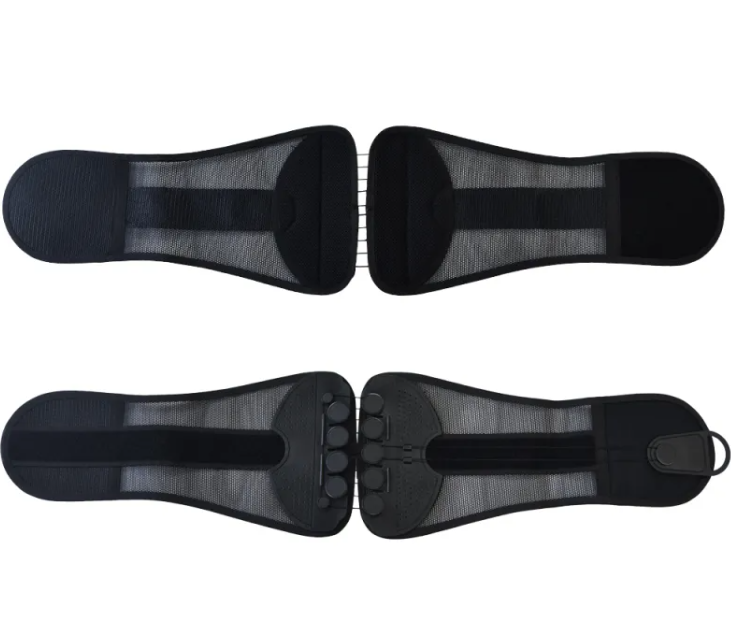 Person wearing lumbar support belt under clothing for all-day back support