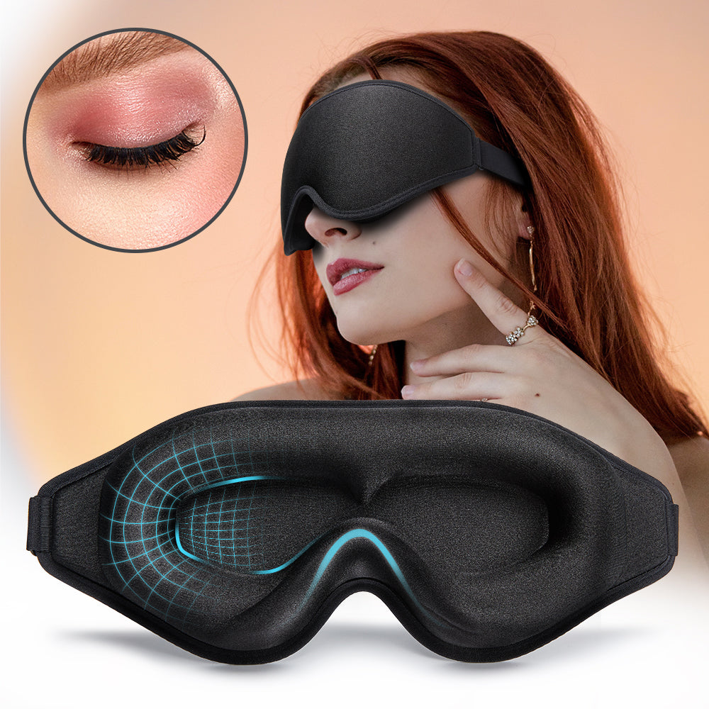 3D contoured memory foam sleep mask for total blackout and pressure-free comfort