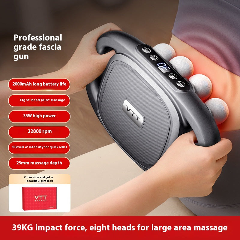 Massage gun showing 30 speed settings and percussion force for targeted muscle relief