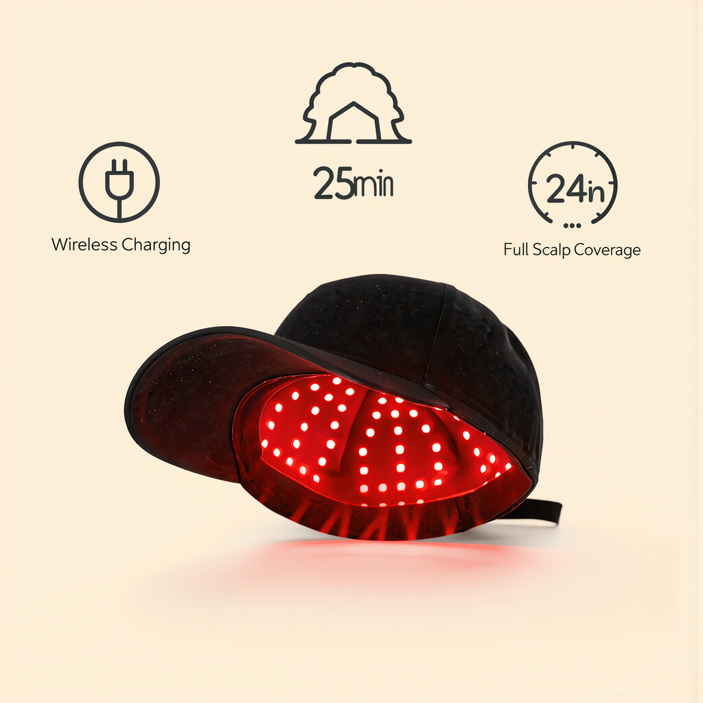 Clean infographic explaining the red light therapy cap's features