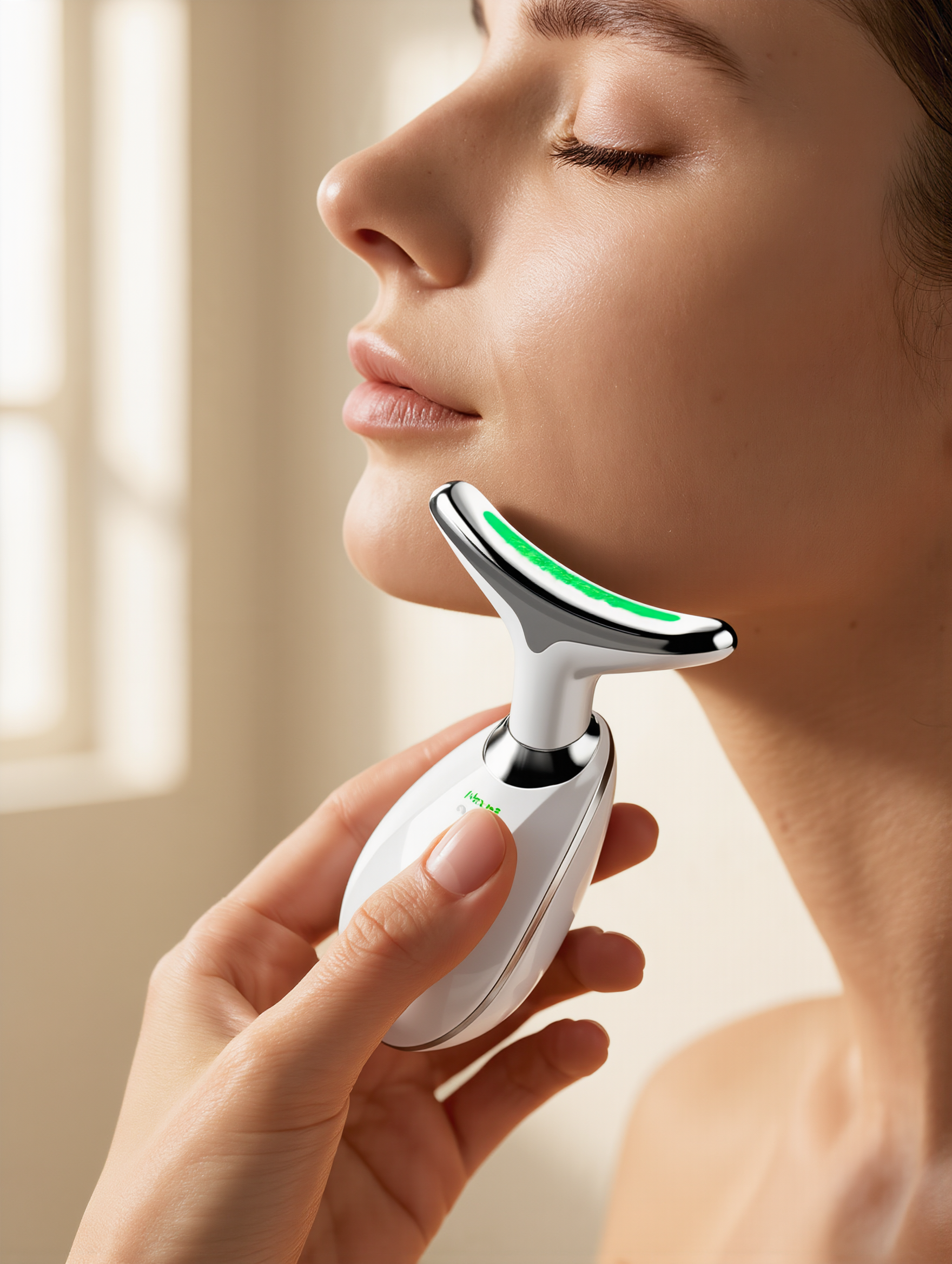 Close-up of the 7-color microcurrent facial massager on skin