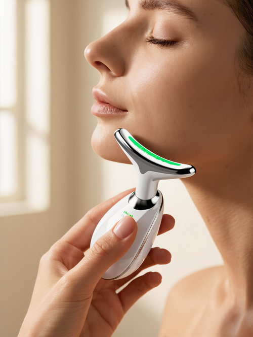 Close-up of the 7-color microcurrent facial massager on skin
