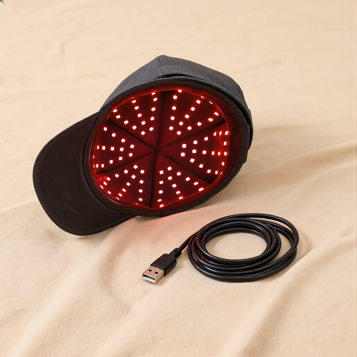 Flat lay of the red light therapy cap with USB charging cable