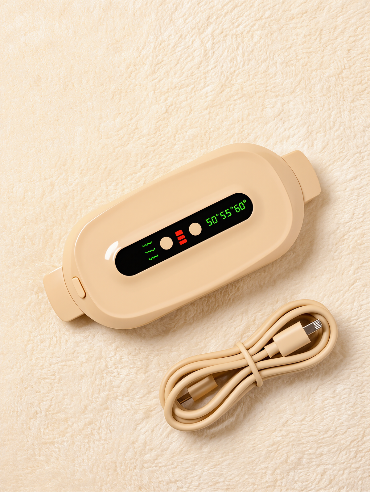 Flat lay of the period heating pad with charging cable