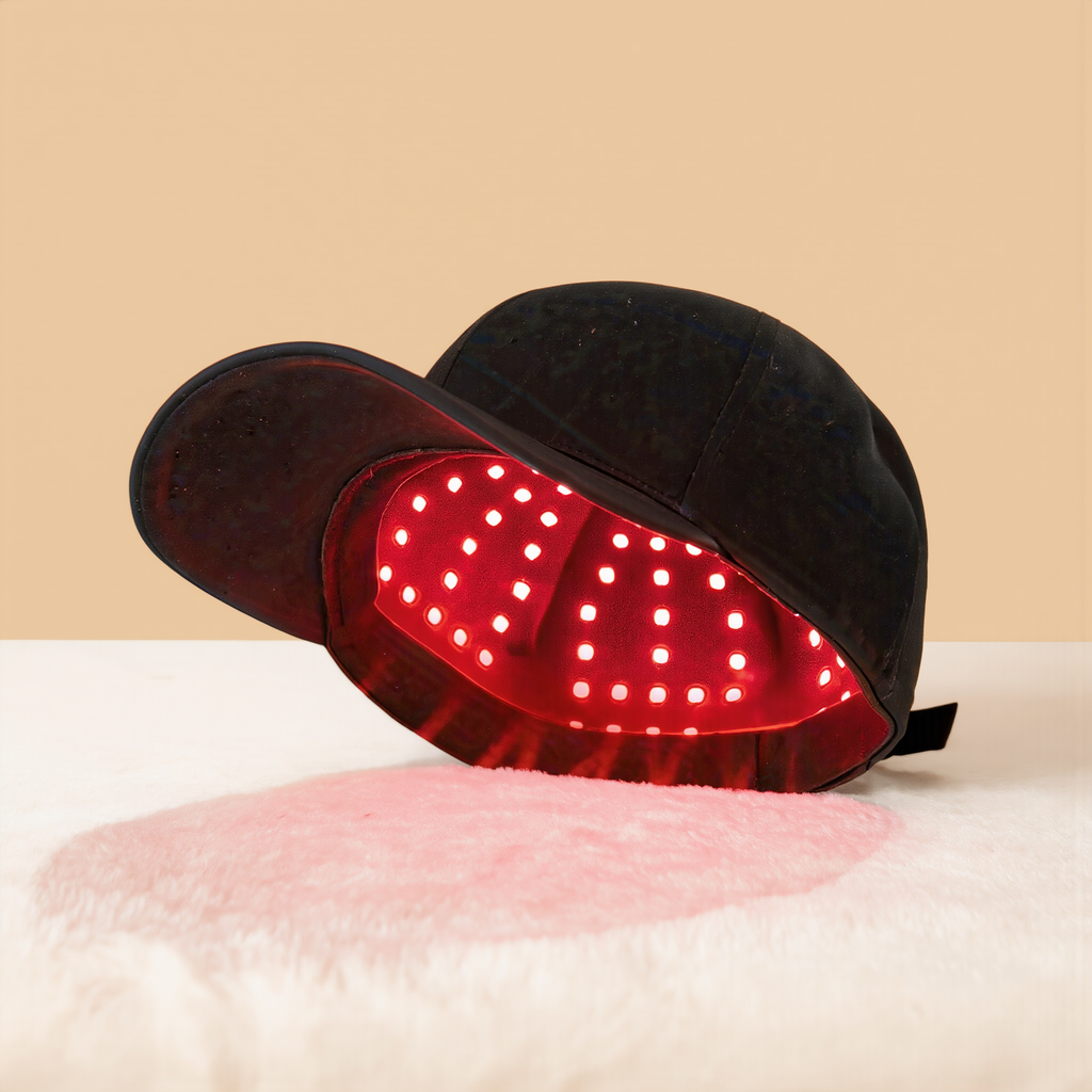 Red light therapy cap in black, single product studio shot