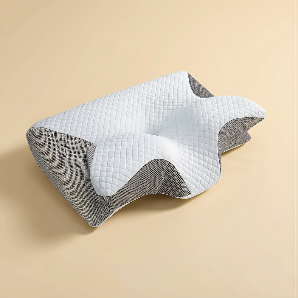 White ergonomic neck support pillow, single product studio shot