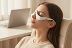 Woman using the wireless eye massager at home with eyes closed