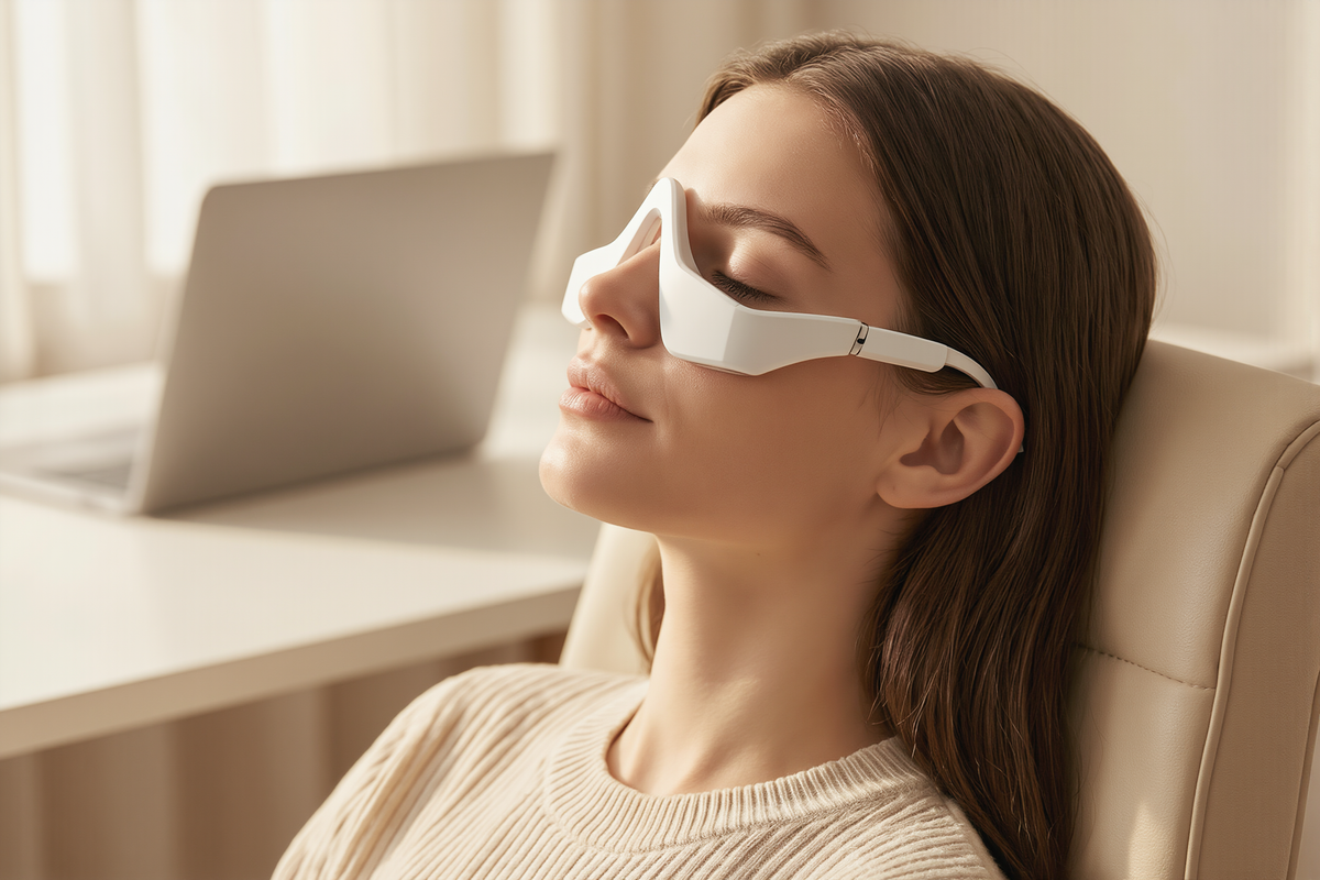 Woman using the wireless eye massager at home with eyes closed