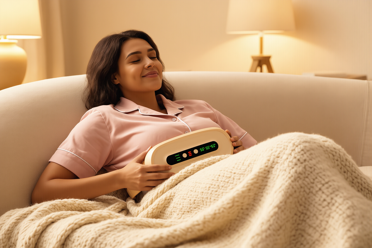 Woman curled up wearing the wireless period heating pad