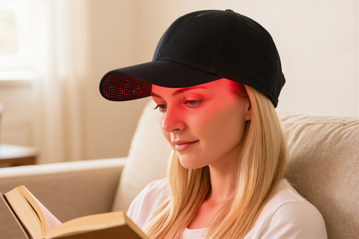 Woman relaxing while wearing the red light therapy cap