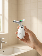 Woman's hand holding the facial massager against her cheek