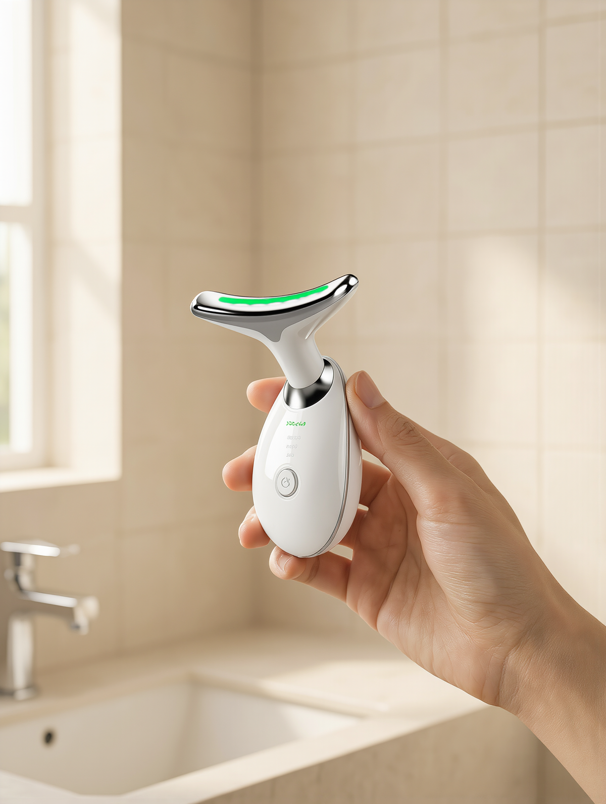 Woman's hand holding the facial massager against her cheek