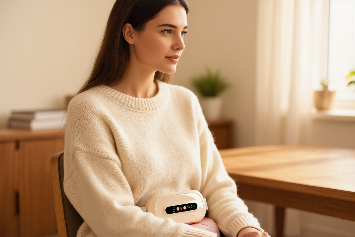 Woman sitting while wearing the wireless period heating pad