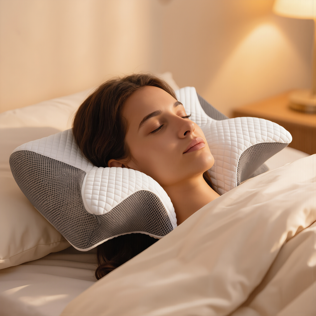 Woman sleeping on her side using the ergonomic neck pillow