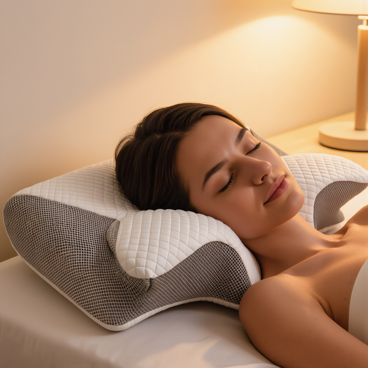 Woman sleeping with the ergonomic neck support pillow