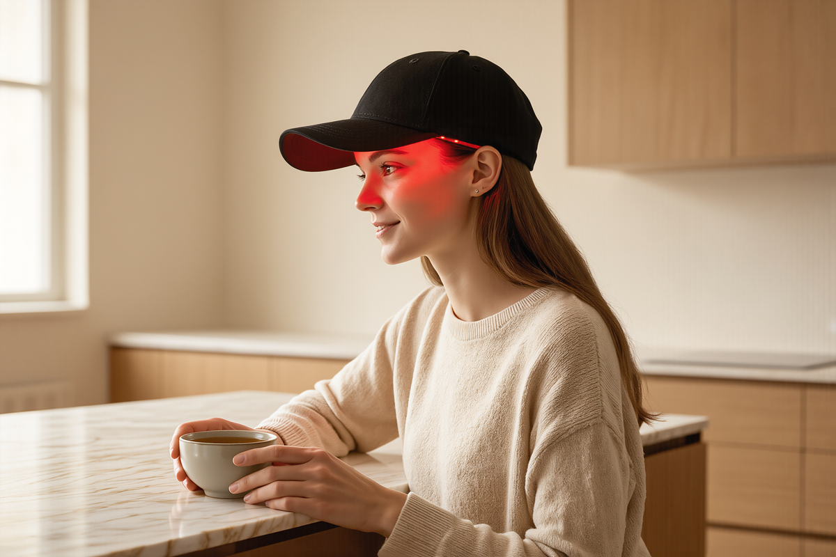 Woman wearing the red light therapy cap at home