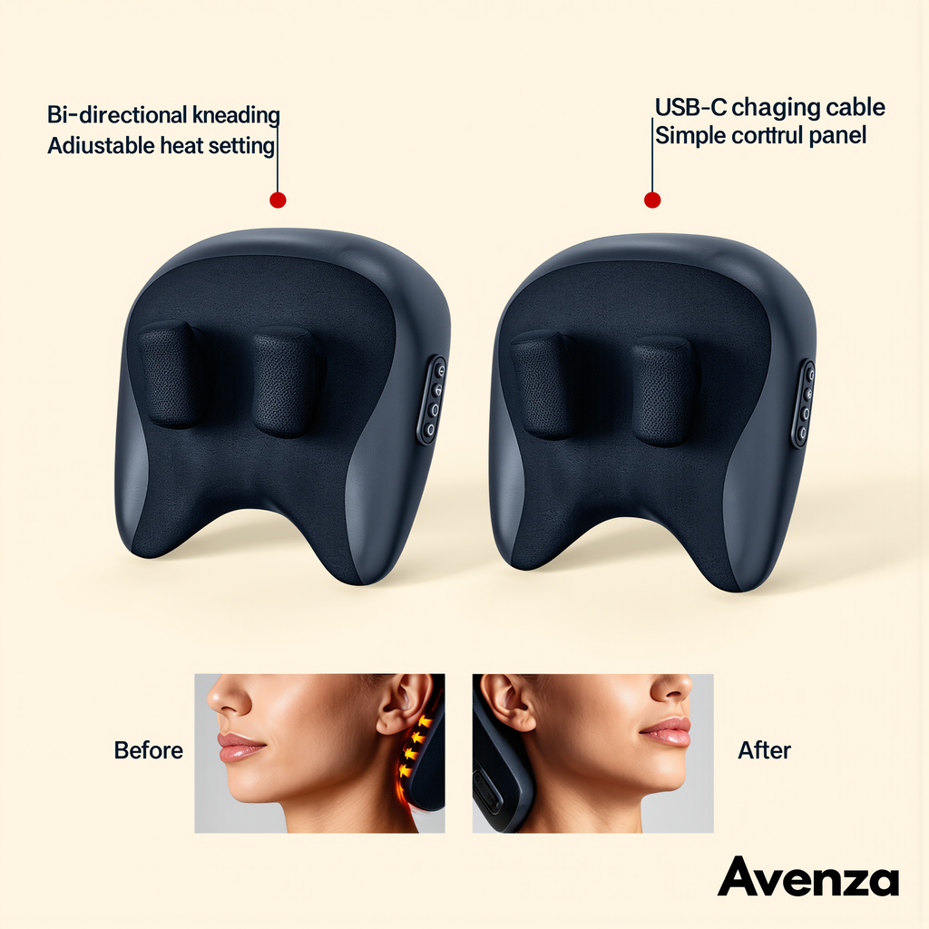 Clean infographic showing the shiatsu pillow's kneading nodes and heat function