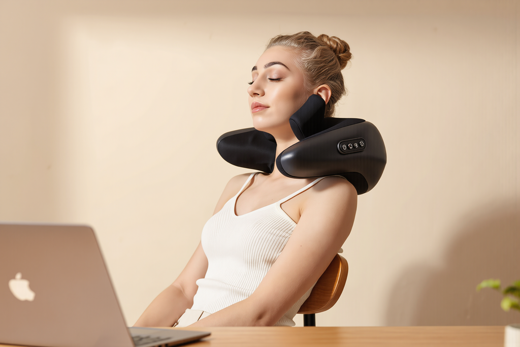 Person seated in a car using the shiatsu massage pillow