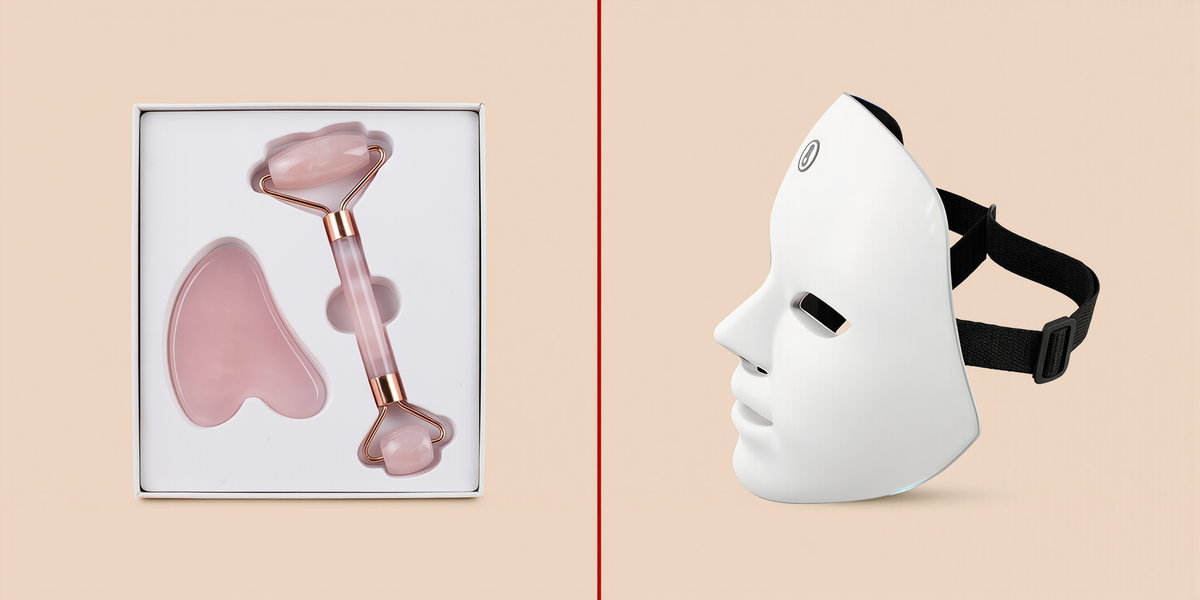 Two comparison images showing the LED facial device in use