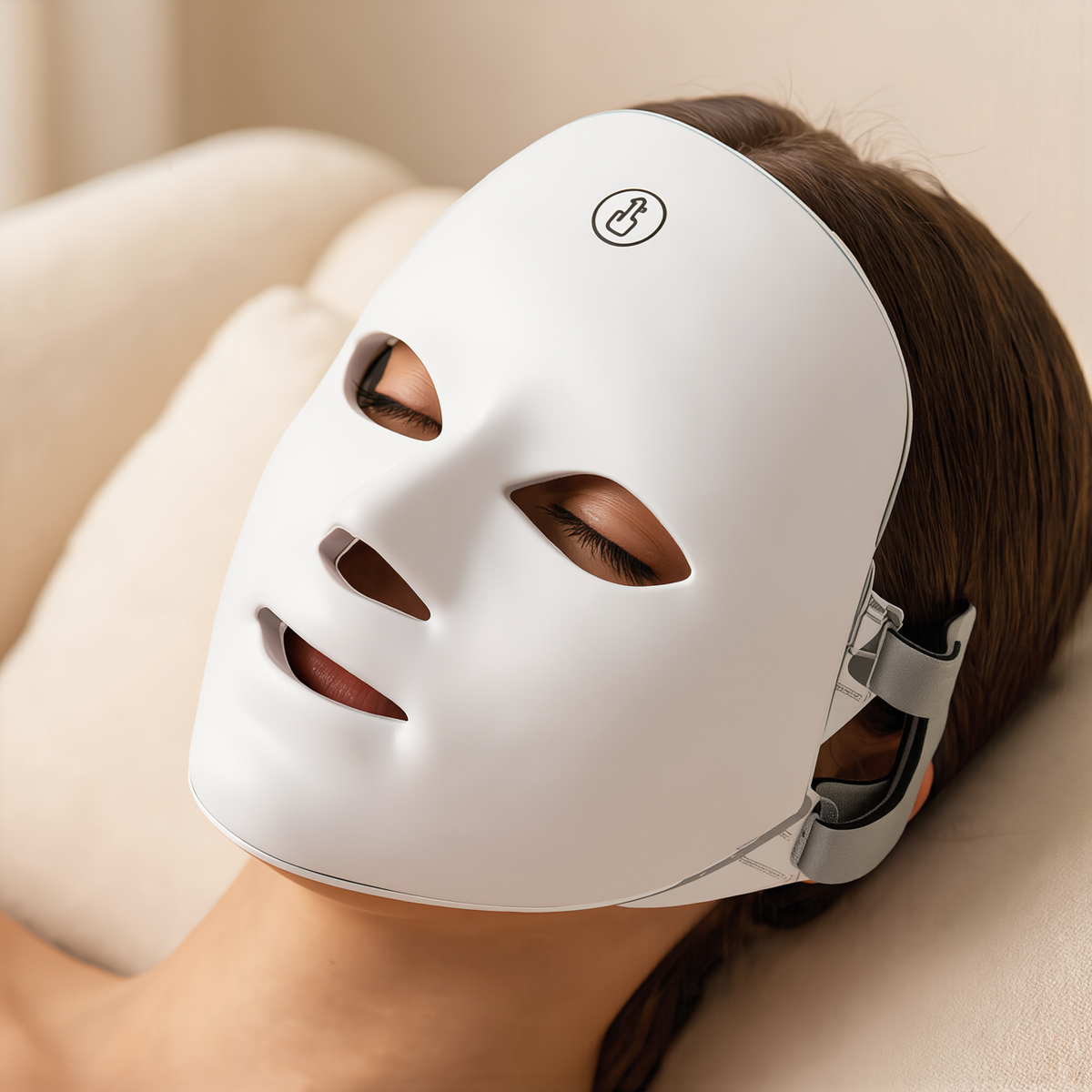 Woman lying down applying the facial device to her cheek