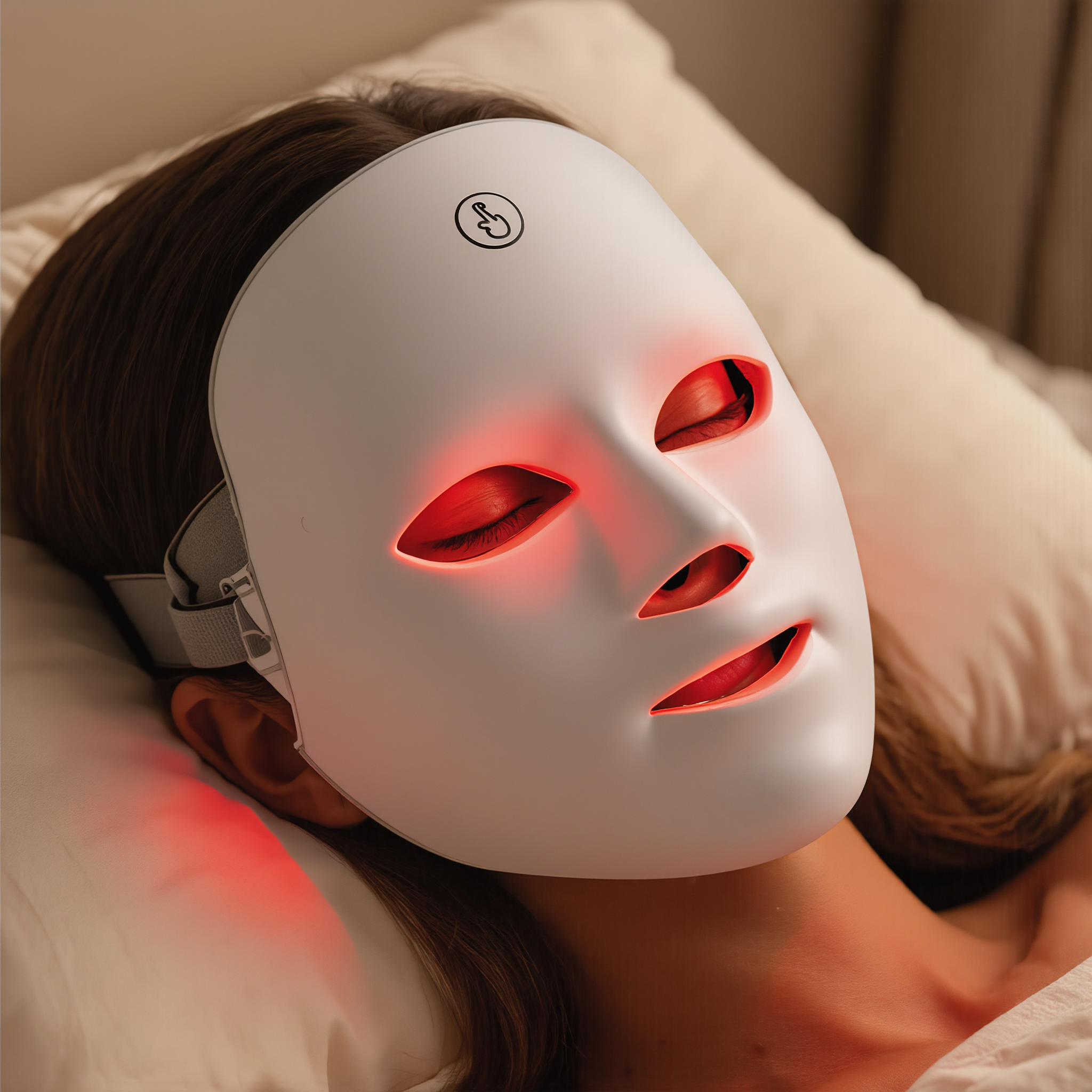 Woman lying down using the LED facial rejuvenation device