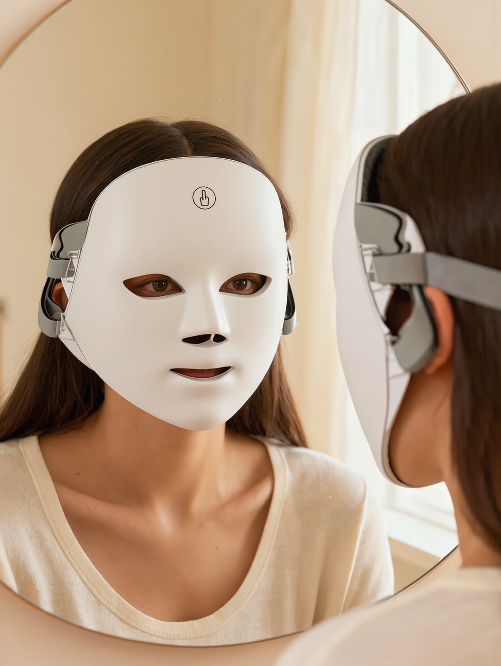 Woman sitting while using the LED facial rejuvenation device