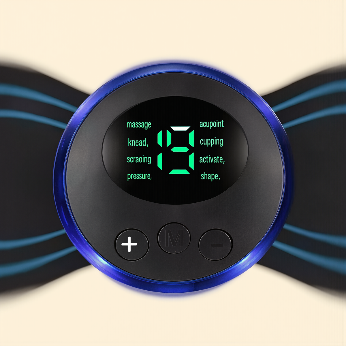 Extreme close-up of the RelaxWave EMS massager's control buttons